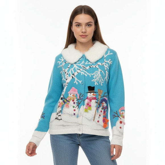 Design Options Blue White Snowman Faux Fur Collar Cardigan - Medium - Picture 1 of 7